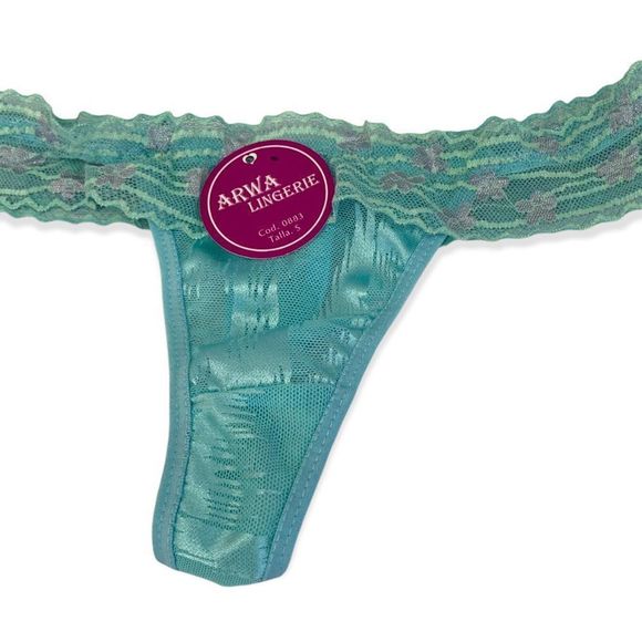 Arwa Lingerie Women's size Small Aqua Blue Lace Thong sheer Panty - Picture 3 of 5